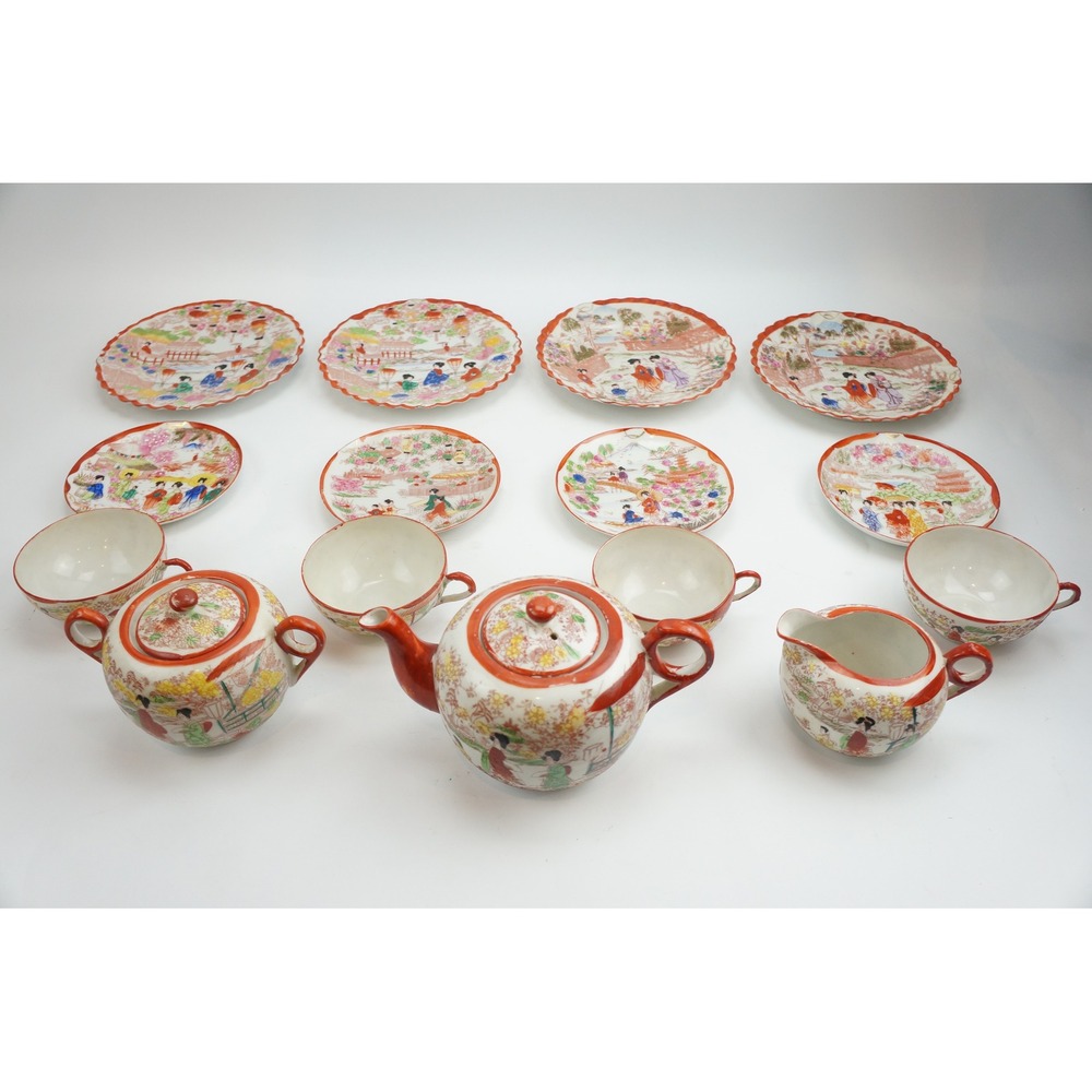 Vintage Japanese Tea Set 15 Piece Geisha Garden Scene Hand Painted Good